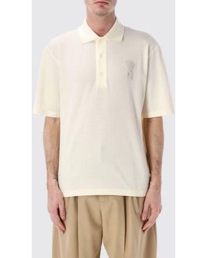 Ami Paris Boxy Fit Polo With Ami De Coeur Knitted Patch - Natural