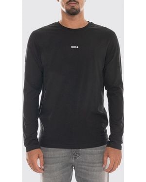 BOSS Regular Fit Long-Sleeved Cotton T-Shirt With Contrast Logo - Black