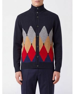 Ballantyne Cardigan Von Aus 100% Kaschmir Mit Rauten-Jacquardmuster Und Hohem Kragen - Blau