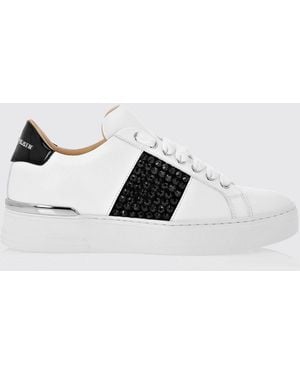 Philipp Plein Leather Low-Top Sneakers With Rhinestones And Abstract Embroidery - White