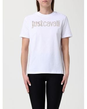 Just Cavalli Cotton T-Shirts With Rhinestone Logo - White