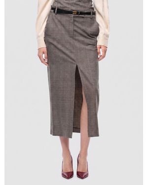 Pinko Prince Of Wales Check Wool Blend Midi Pencil Skirt With Front Slit - Grey