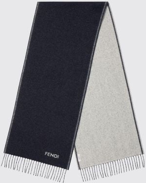 Fendi Pure Cashmere Scarf With Embroidered Logo And Fringed Edges - Blue