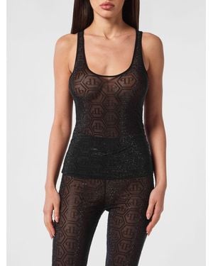 Philipp Plein Slim Fit Sheer Evening Top With Rhinestone Hexagon Logo - Black
