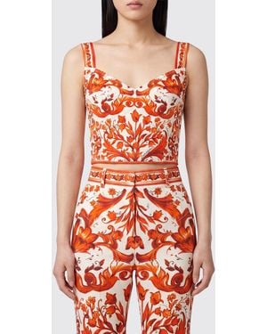 Dolce & Gabbana Dolce &Amp Gabbana Majolica Print Silk Cropped Corset Top - Red