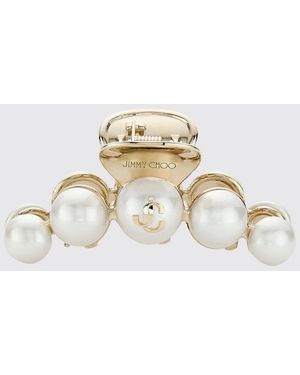 Jimmy Choo Hairclip With Monogram And Synthetic Pearls - White