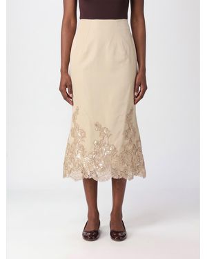 Ermanno Scervino Flared Silk Midi Skirt With Lace Inserts - Natural