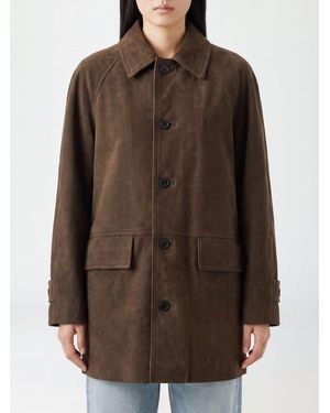 DUNST Knee-Length Single-Breasted Suede Jacket With Patch Pockets - Brown