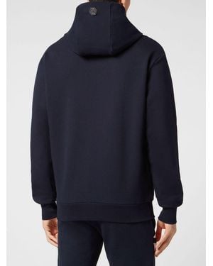 Philipp Plein Monogram Print Cotton Hoodie With Hexagon Logo And Dropped Shoulders - Blue