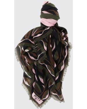 PUCCI Square Silk And Wool Scarf With Abstract Print And Fringed Edges - Black