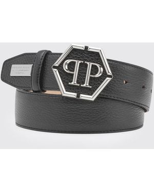 Philipp Plein Adjustable Grained Leather Belt With Hexagon Monogram Buckle - White