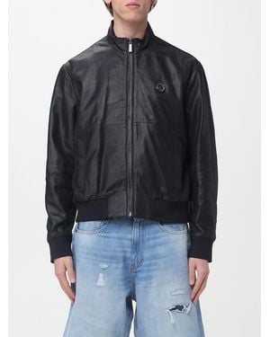 Just Cavalli Leather Bomber Jacket With Logo - Black