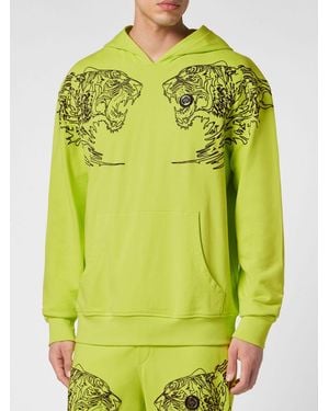 Philipp Plein Cotton Hoodie With Graphic Print And Kangaroo Pocket - Green