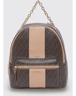 Liu Jo Grained Faux Leather Backpack With All-Over Monogram - Natural