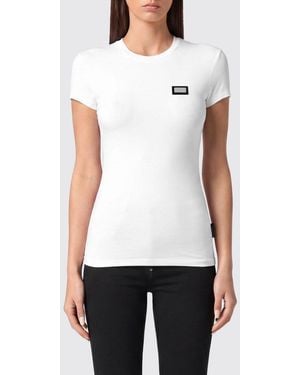 Philipp Plein Slim Fit Stretch Cotton T-Shirt With Logo And Crew Neck - White