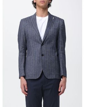 Manuel Ritz Single-Breasted Pinstriped Linen Blend Blazer - Blue