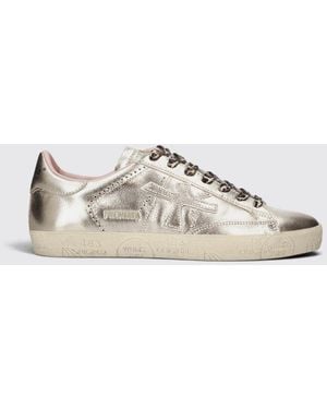 Premiata Stevend Calfskin Trainers With Contrasting Details And Logo - Natural