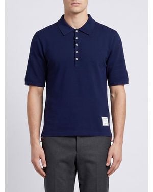 Thom Browne Polo De Algodón Con Tapeta De Cinco Botones Y Logo En Contraste - Azul