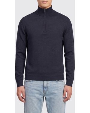 Zanone Slim Fit Wool Mock-Neck Sweater With Half-Zip And Long Sleeves - Blue