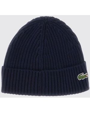 Lacoste Gerippte Beanie-Mütze Aus Reiner Wolle Mit Umschlag Und Gesticktem Logo - Blau