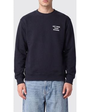 Drole de Monsieur Cotton Crewneck Sweatshirt With Contrast Slogan Print - Blue