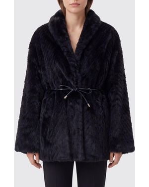 forte_forte Short Faux Fur Jacket With Waist Tie Belt - Black