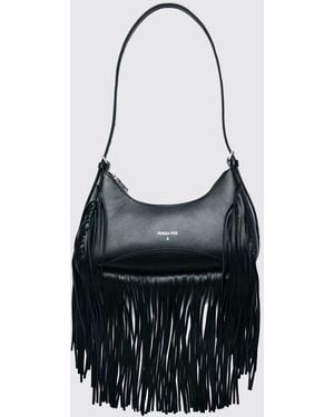 Patrizia Pepe Calfskin Leather Shoulder Bag With Fringes And Adjustable Handle - Black