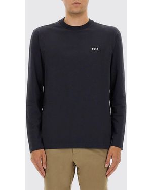 BOSS Long-Sleeved Cotton T-Shirt With Crewneck And Contrast Logo - Blue