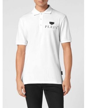 Philipp Plein Short-Sleeve Stretch Cotton Polo Shirt With Metal Logo - White