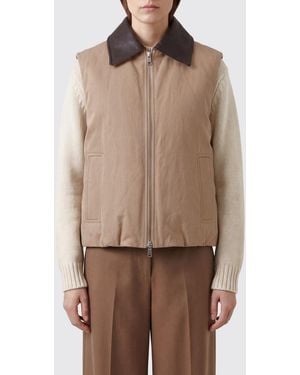 Brunello Cucinelli Gilet Rembourré En Mélange De Lin Et Coton Avec Col En Cuir - Marron