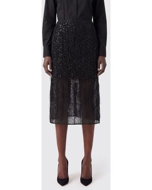 Twinset Crêpe Pencil Midi Skirt With Sequin Embroidery And Fringes - Black