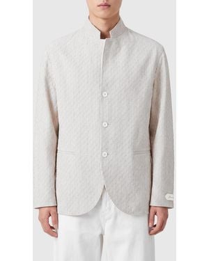 Jacquemus The Palmier Striped Linen Blend Jacket With Mandarin Collar - White