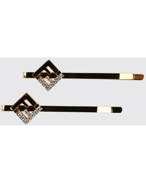 Fendi Haarspange Mit Ff-Monogramm Aus Goldfarbenem Messing Mit Strass - Mettallic