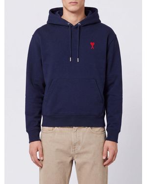 Ami Paris Sudadera Con Capucha De Algodón Con Logo Bordado Y Bolsillo Canguro - Azul