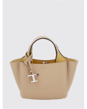 Tod's Small Grained Leather Handbag With Flared Design And Charm - Natural