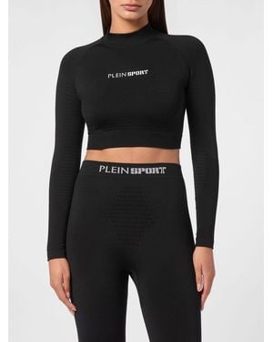 Philipp Plein Cropped Long-Sleeve Slim Fit Sports Top - Black
