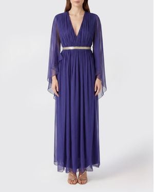Alberta Ferretti Sleeveless Pleated Silk Long Evening Gown With V-Neck - Blue