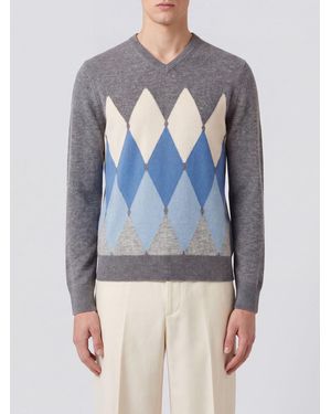 Ballantyne Argyle Pattern 100% Cashmere Crewneck Sweater - Blue