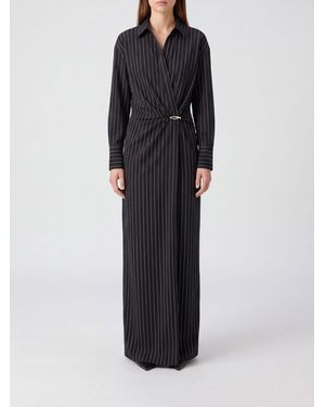 Dondup Striped Virgin Wool Long Sheath Dress With Draped Waist - Black