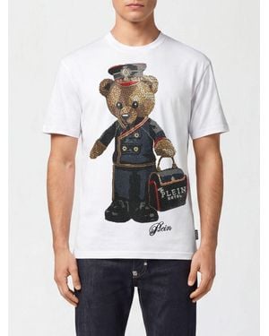 Philipp Plein Cotton T-Shirt With Teddy Bear Print And Rhinestone Logo - White