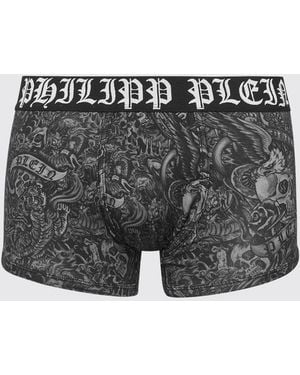 Philipp Plein Stretch Cotton Blend Boxer Shorts With Tattoo Print - Black