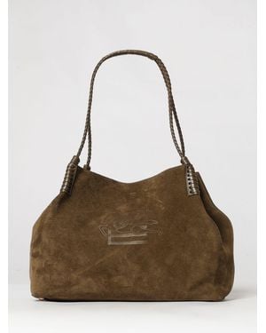 Etro Libra Suede Shoulder Bag With Pegaso Logo And Braided Handles - Brown