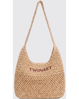 Twinset Crochet Raffia Crossbody Bag With Braided Strap And Embroidered Logo - Natural