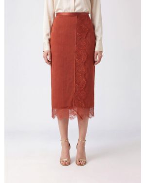 Twinset High-Waisted Viscose Midi Pencil Skirt With Lace Inserts - Red
