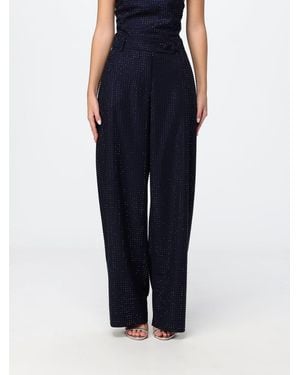 Pinko High-Waisted Wide Leg Crêpe Trousers With Rhinestone Applications - Blue