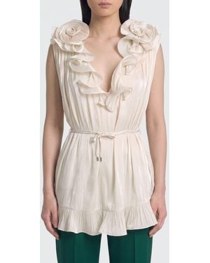 Nissa Satin Top With Flowers - Natural