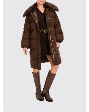 Twinset Knee-Length Quilted Puffer Coat With Detachable Fur Collar - Brown