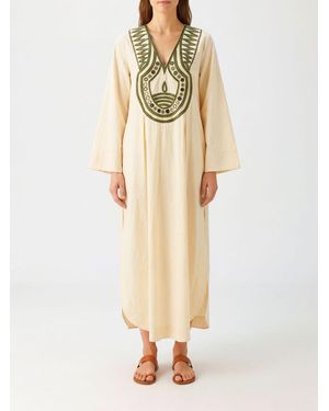 La DoubleJ Tunique Midi Twin Flame En Coton Avec Broderies Et Manches Kimono - Neutre