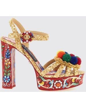 Dolce & Gabbana Dolce &Amp Gabbana Keira Sicilian Cart Print Raffia Platform Sandals - Pink