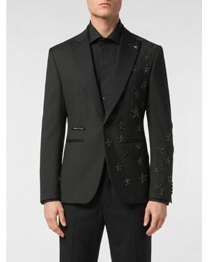 Philipp Plein Single Breasted Wool Blazer With All Over Crystal Stars - Black